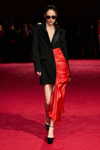 Black Crepe and Electric Red Jersey Draped Blazer Dress