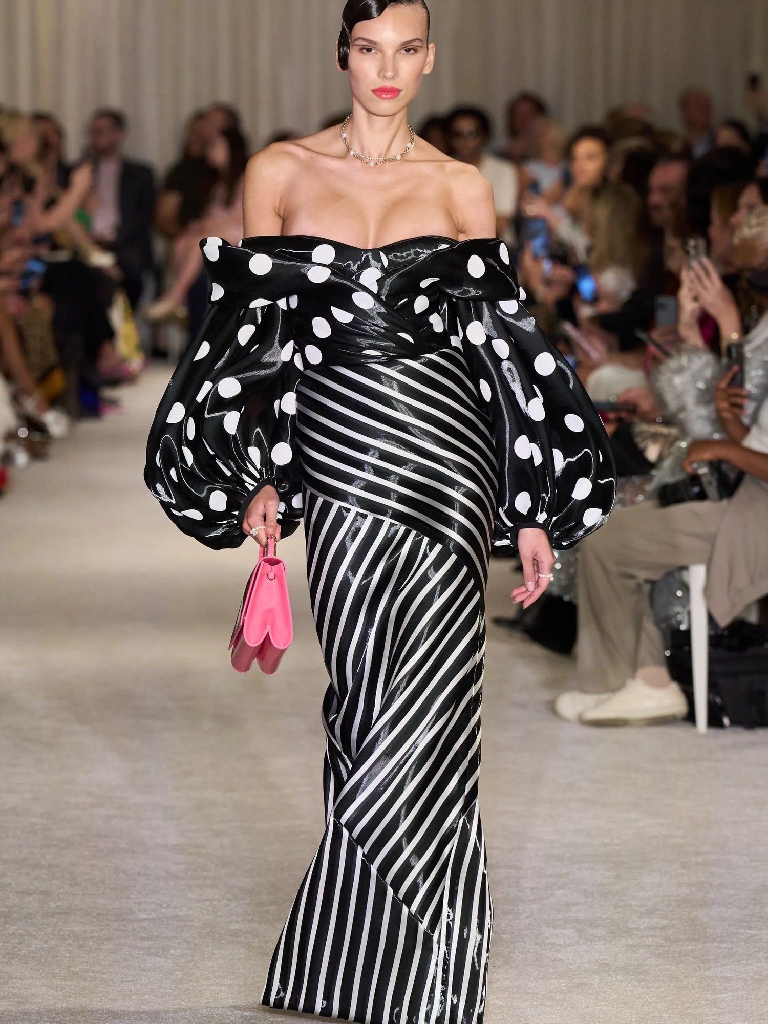 Black and White Stripe & Polka Dot Liquid Organza Balloon Sleeve Off the Shoulder Gown