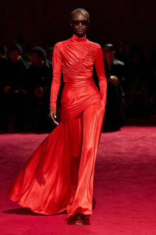 Electric Red Jersey Gathered Long Sleeve Mock Neck Top