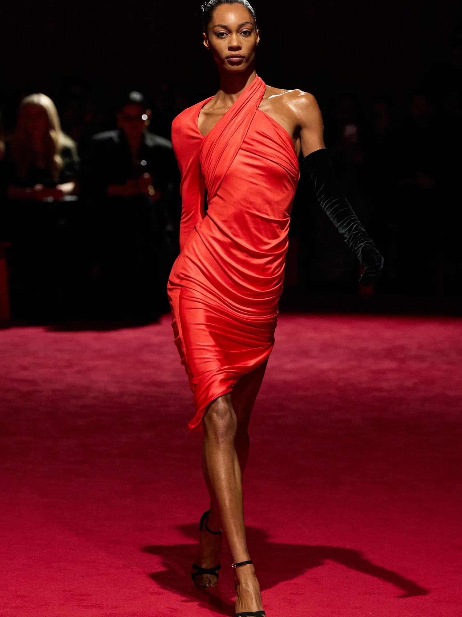 Electric Red Jersey Single Sleeve Criss Cross Draped Dress