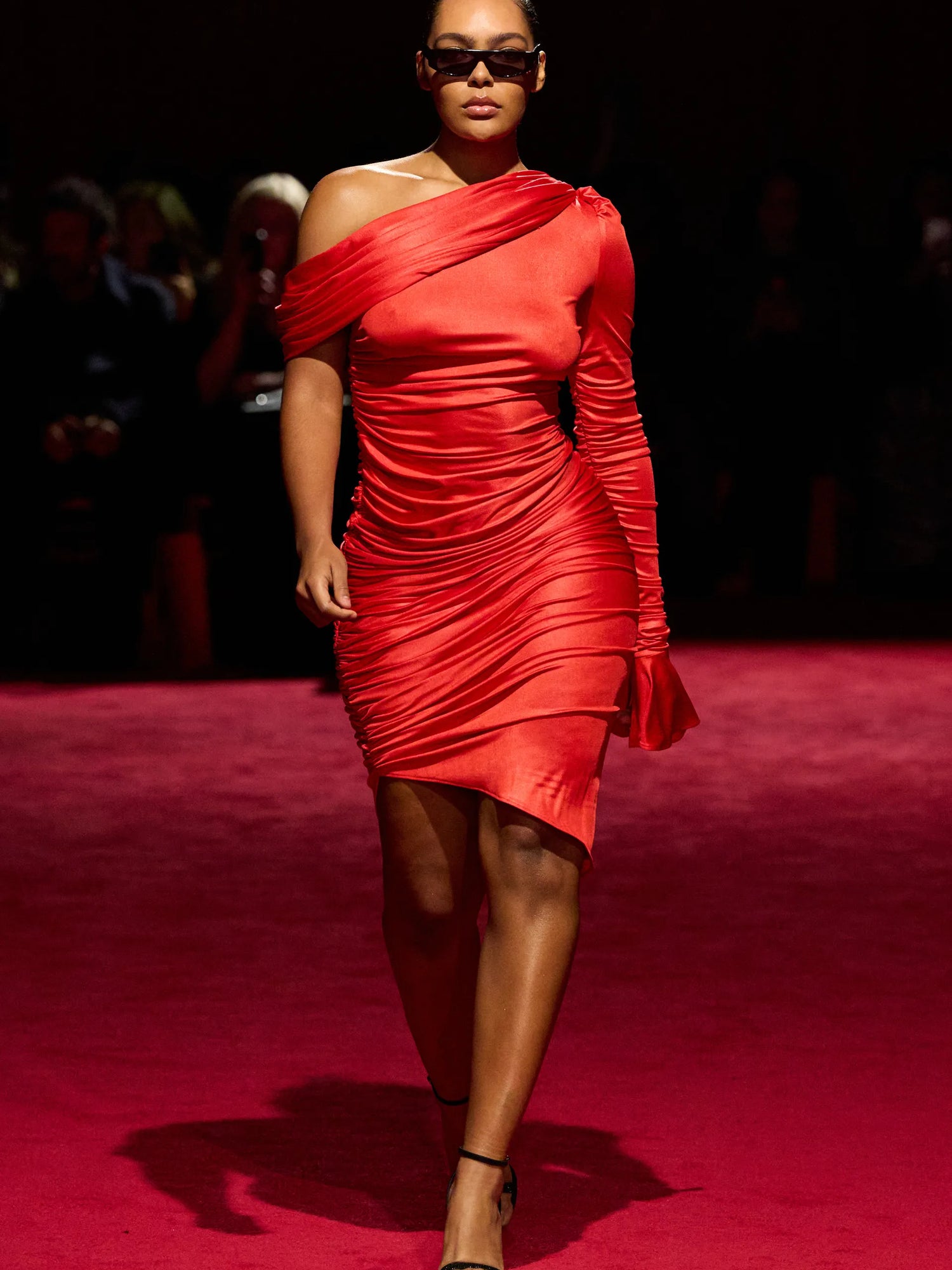 Electric Red Jersey Draped Long Sleeve Dress