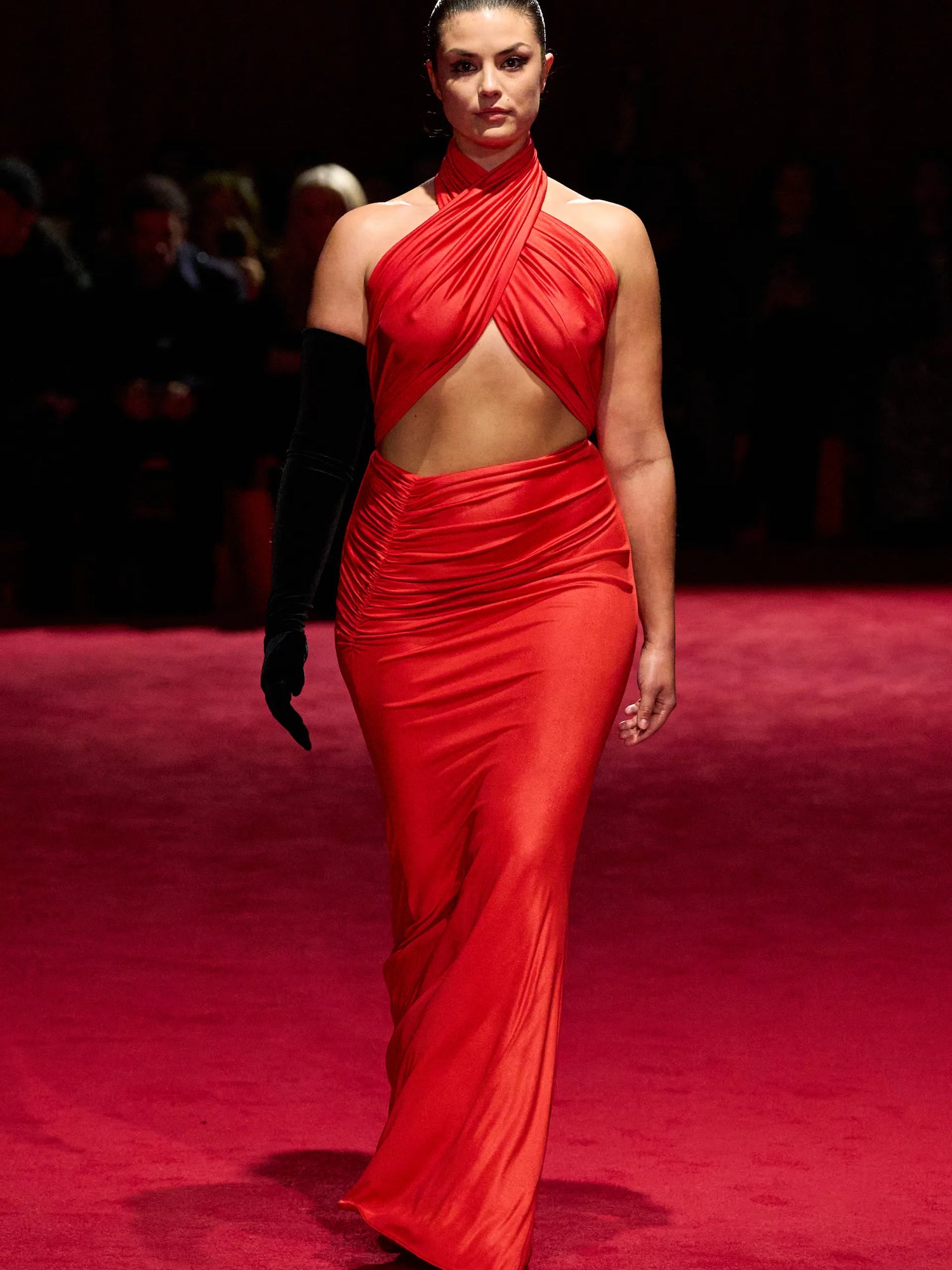 Electric Red Jersey Cut Out Criss Cross Halter Gown