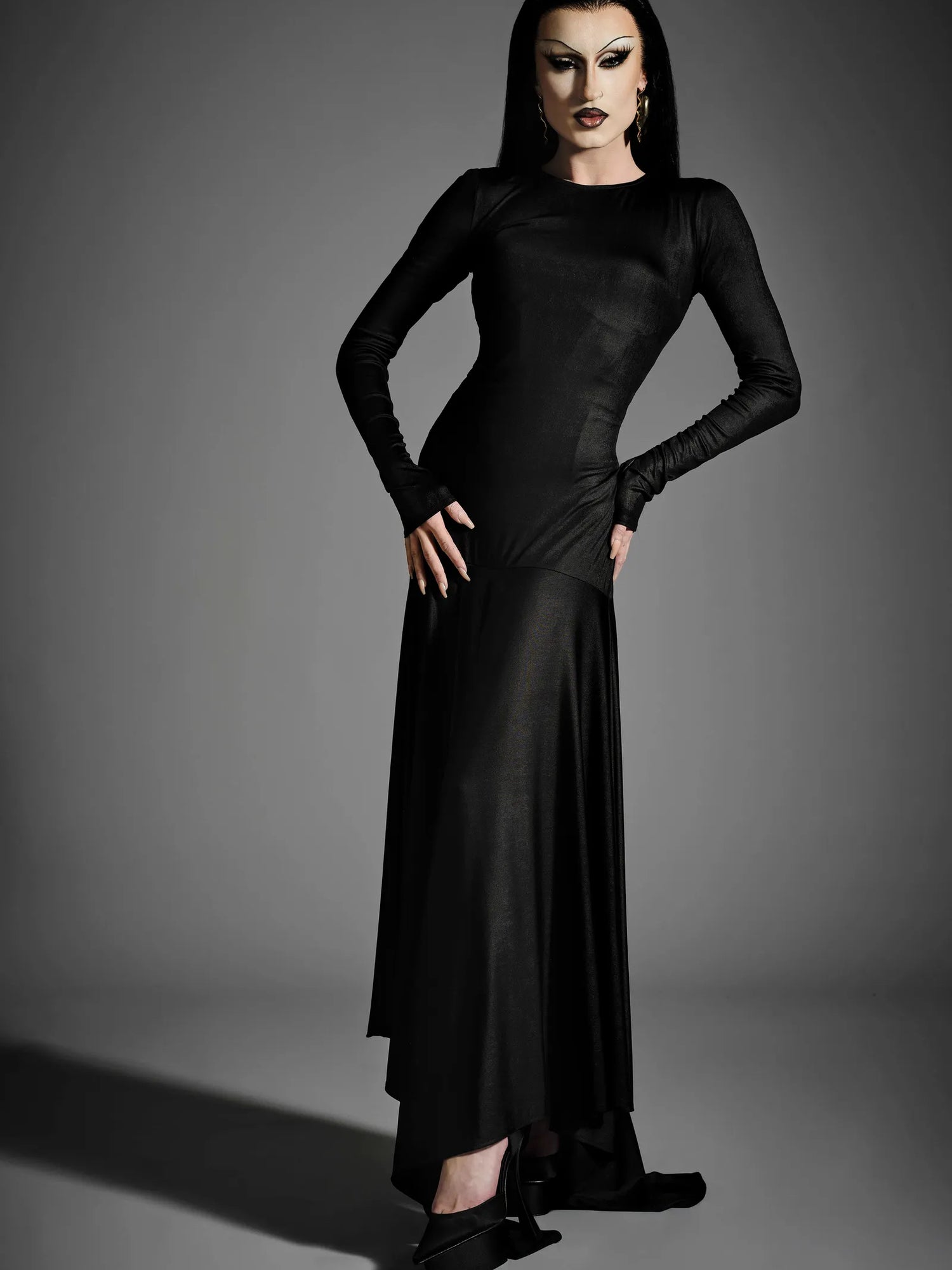 Black Long Sleeve Drop Waist Gown