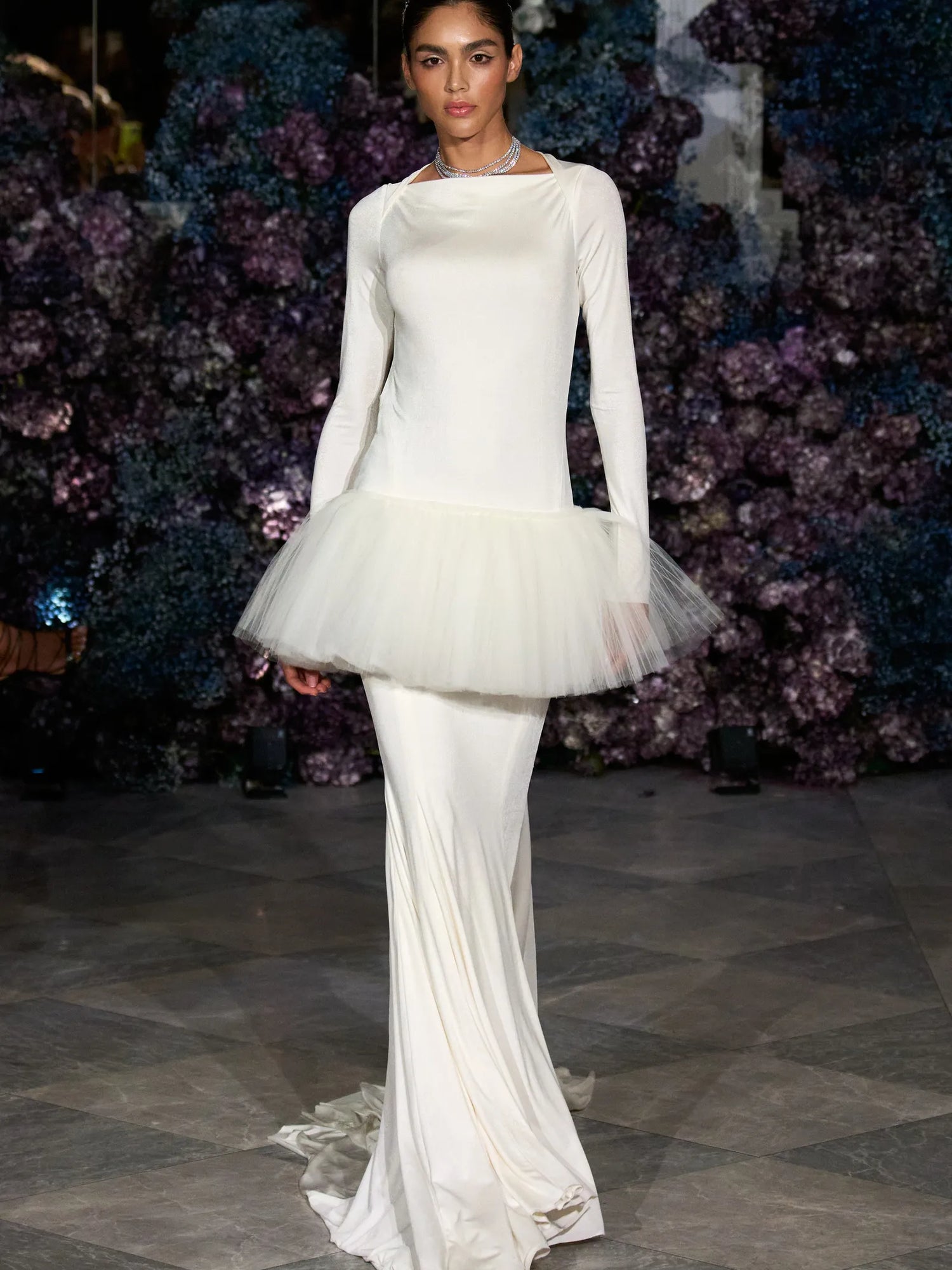 Long Sleeve Open Back Tulle Peplum Gown