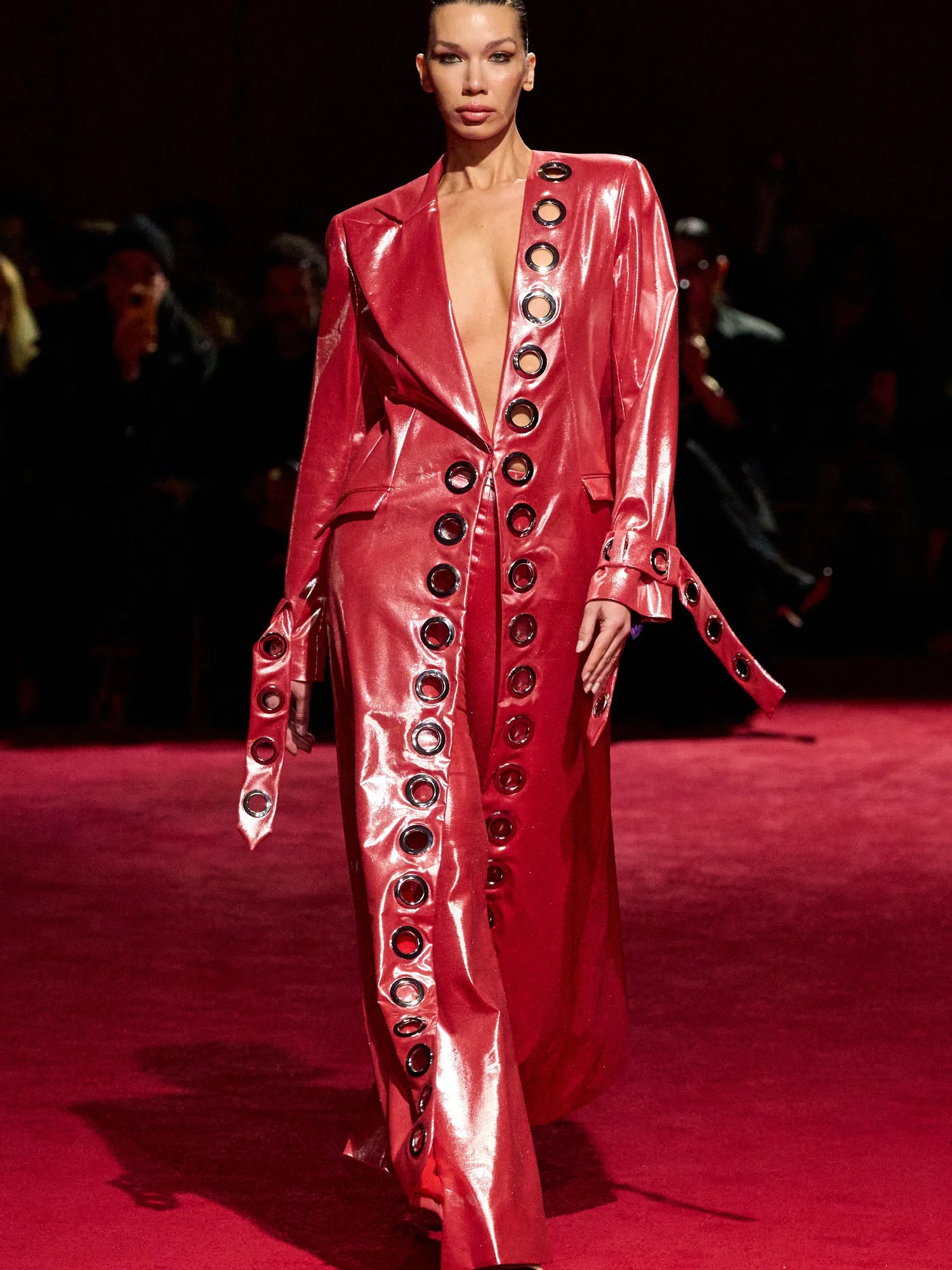 Red Iridescent Grommet Long Line Coat