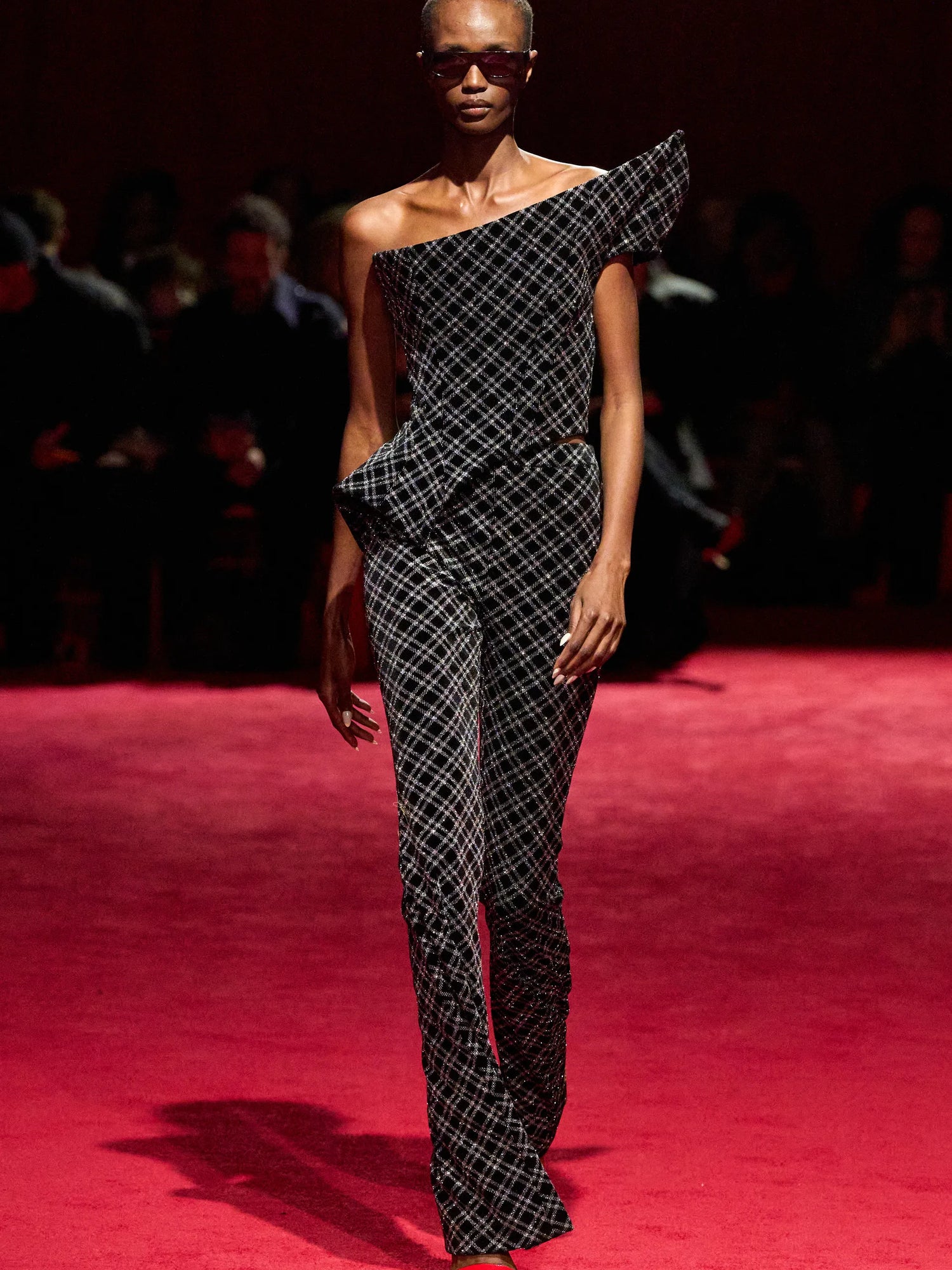 Black and Silver Sparkle Velvet Plaid Flare Trousers