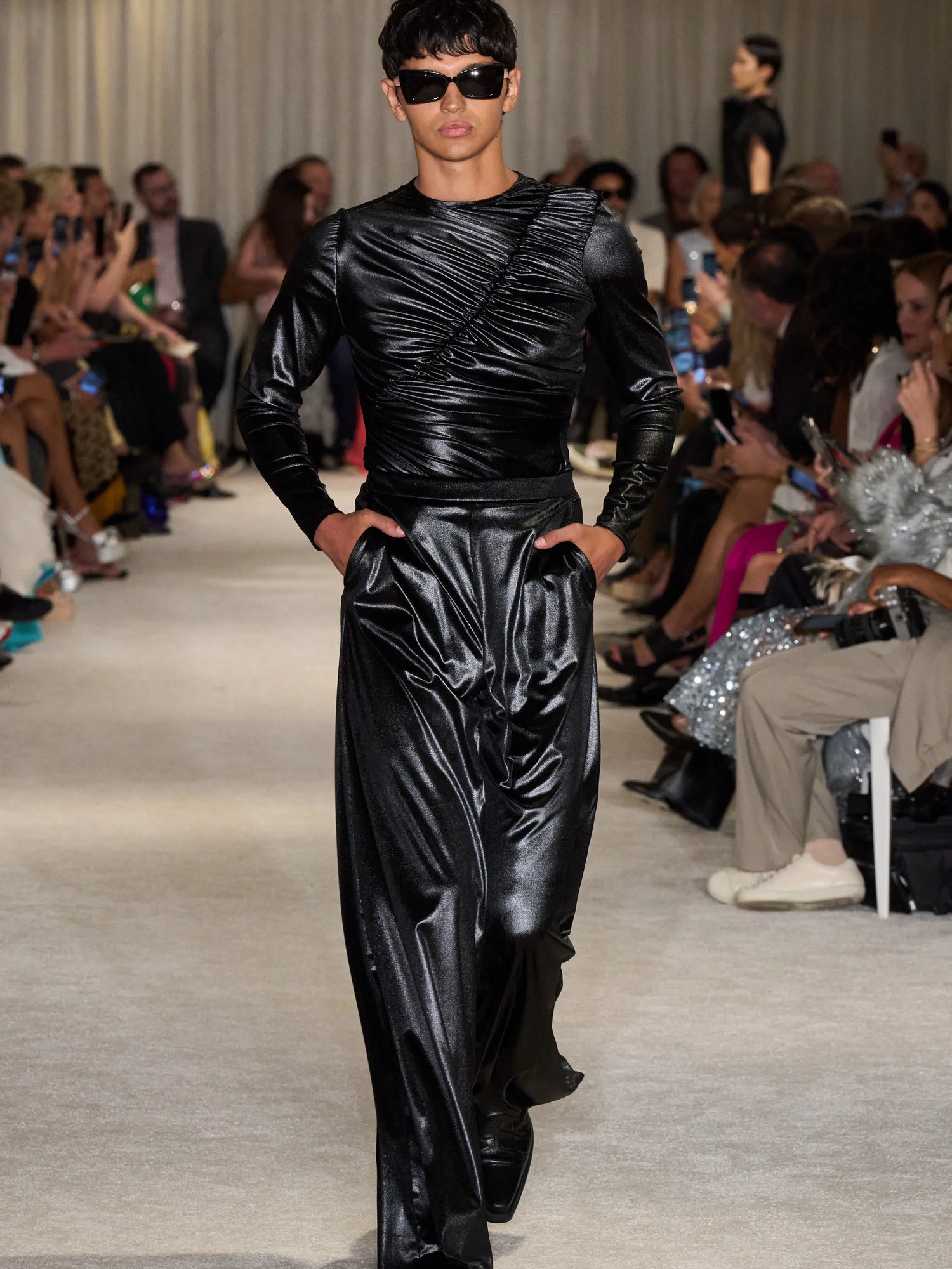 Liquid Velvet Gathered Long Sleeve Top