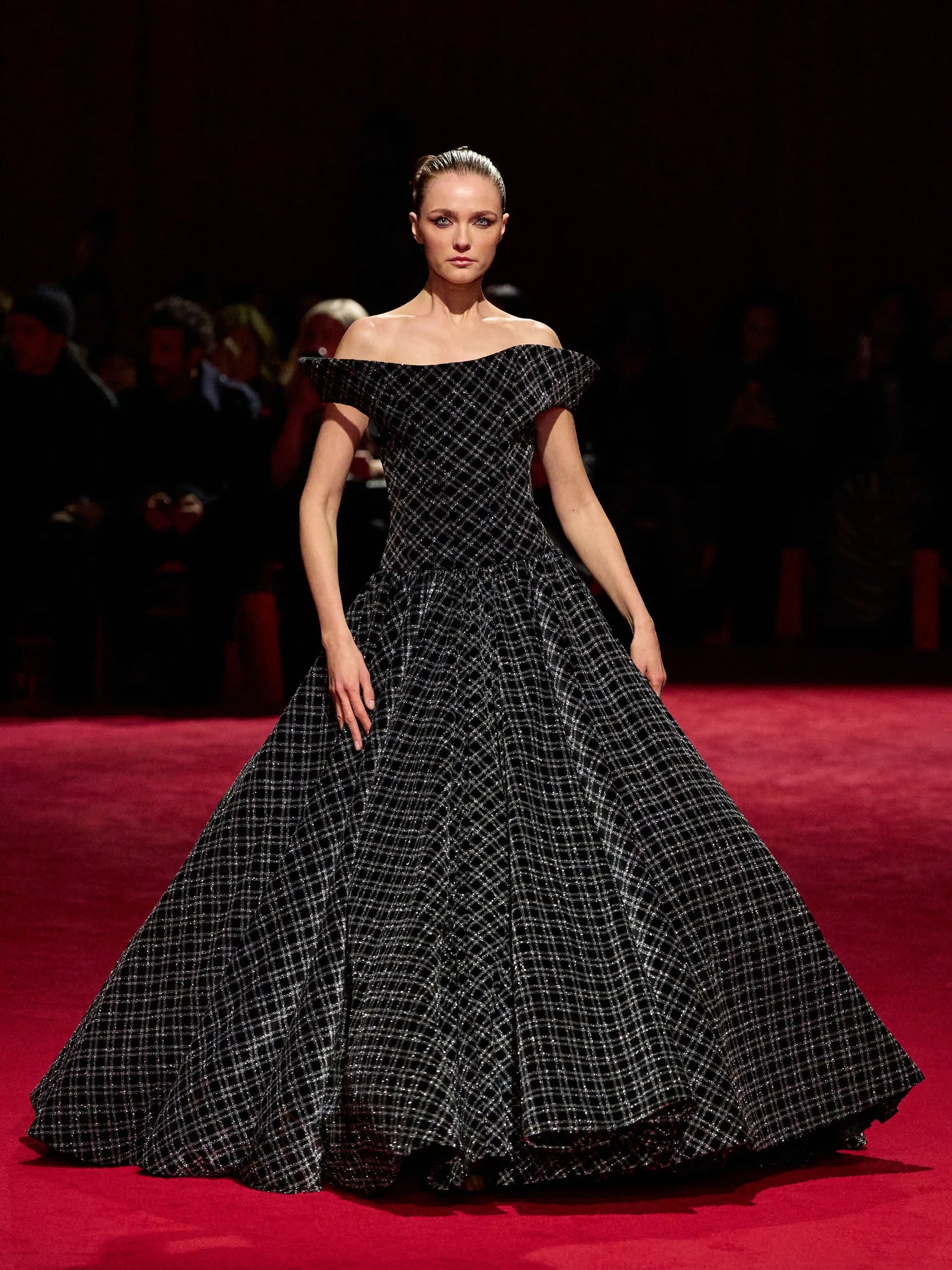 Black and Silver Sparkle Velvet Plaid Off the Shoulder Ball Gown
