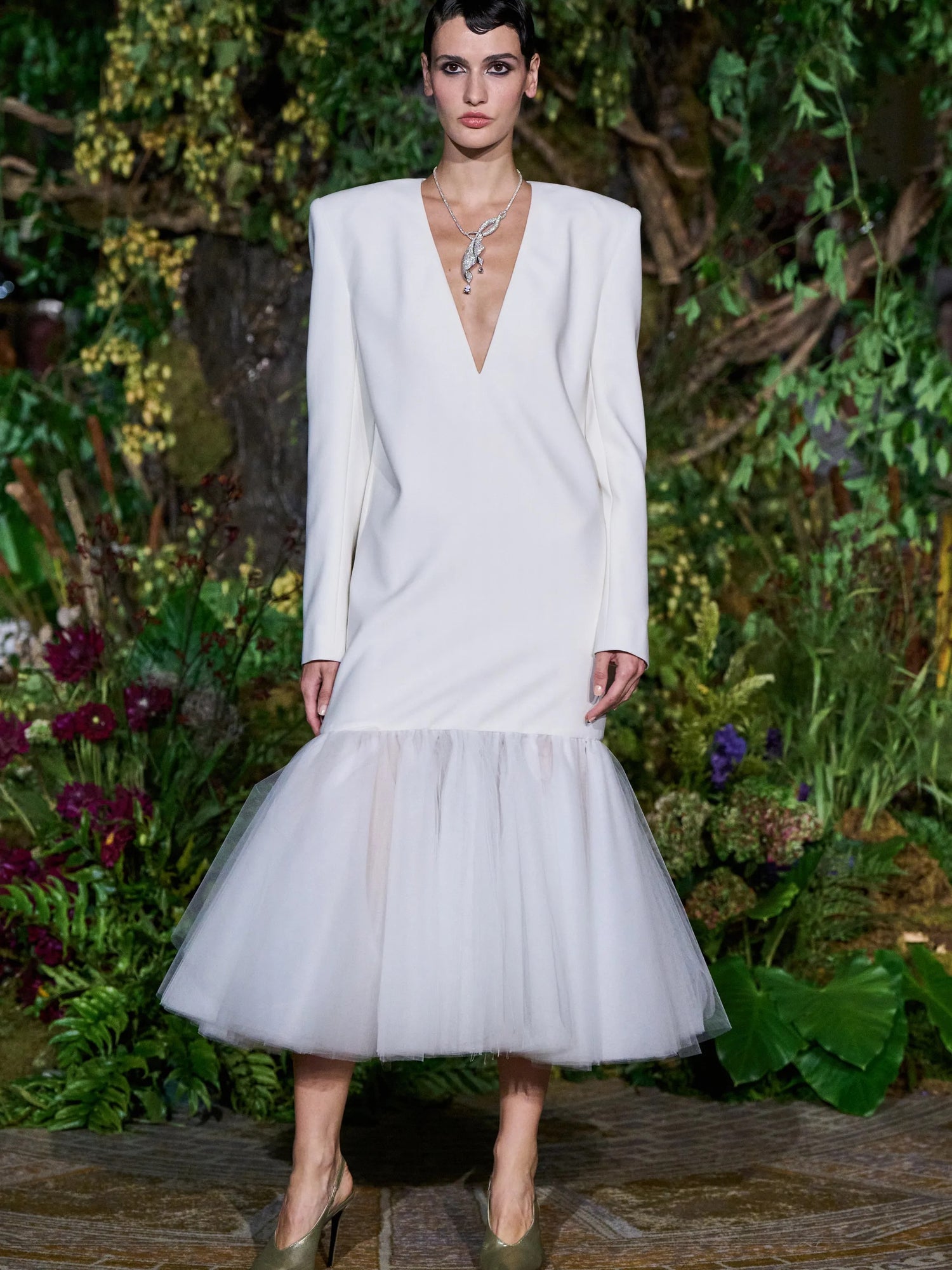 WHITE LONG SLEEVE BLAZER DRESS WITH TULLE MERMAID HEM