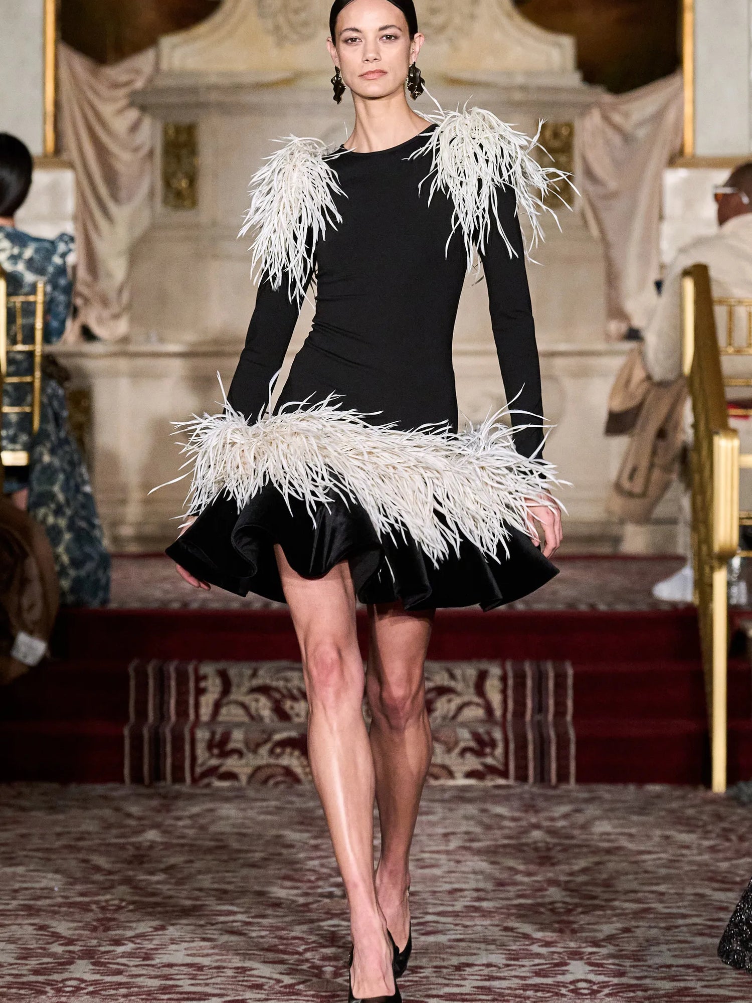 Long Sleeve Dress with Velvet Ruffle Hem and Feathers