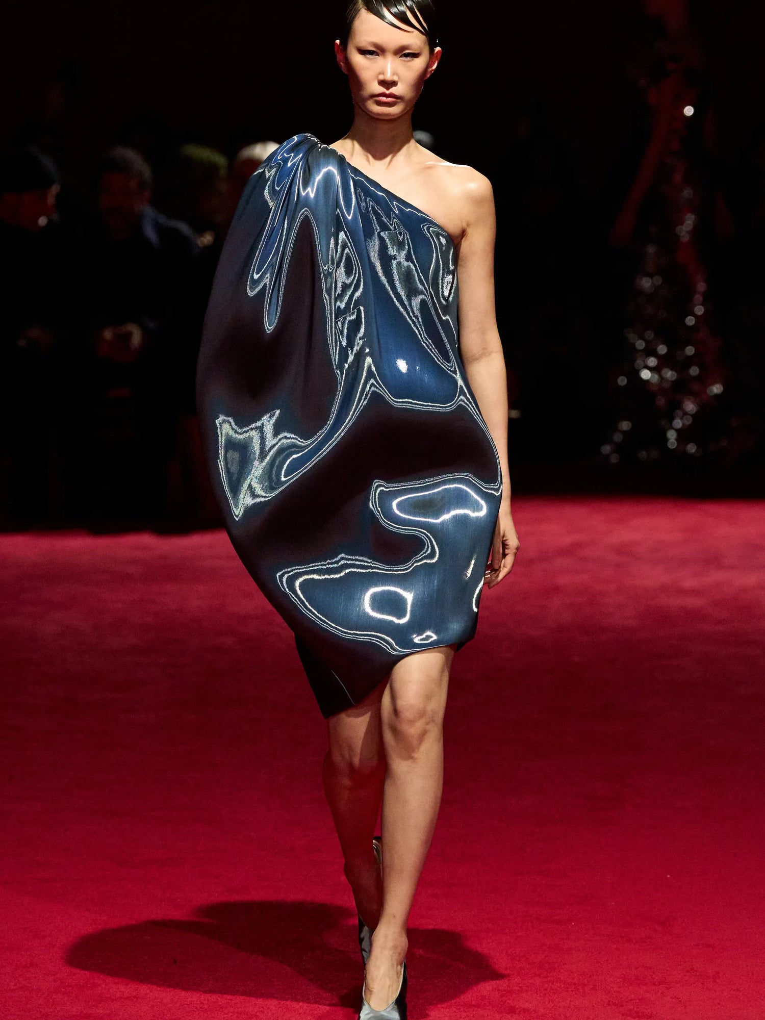 Midnight Iridescent Liquid Organza Asymmetric Bubble Mini Dress