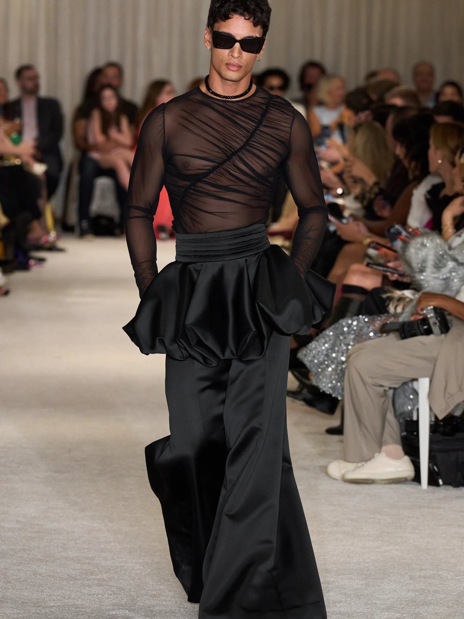 Black Satin Bubble Peplum Trouser