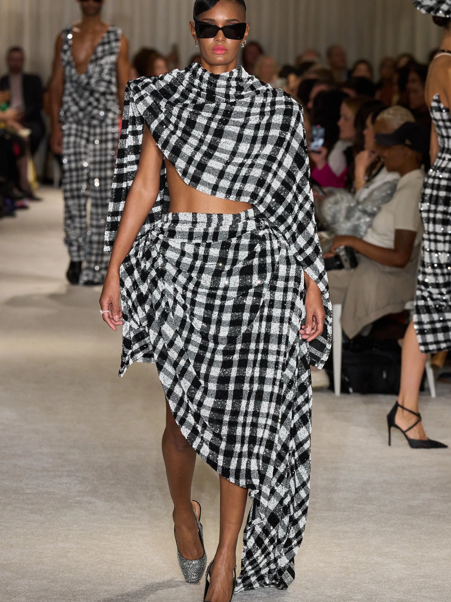 Black and White Sequin Plaid Structured Skirt