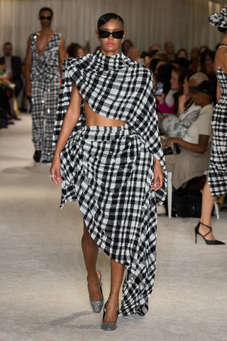 Black and White Sequin Plaid Structured Drape Top