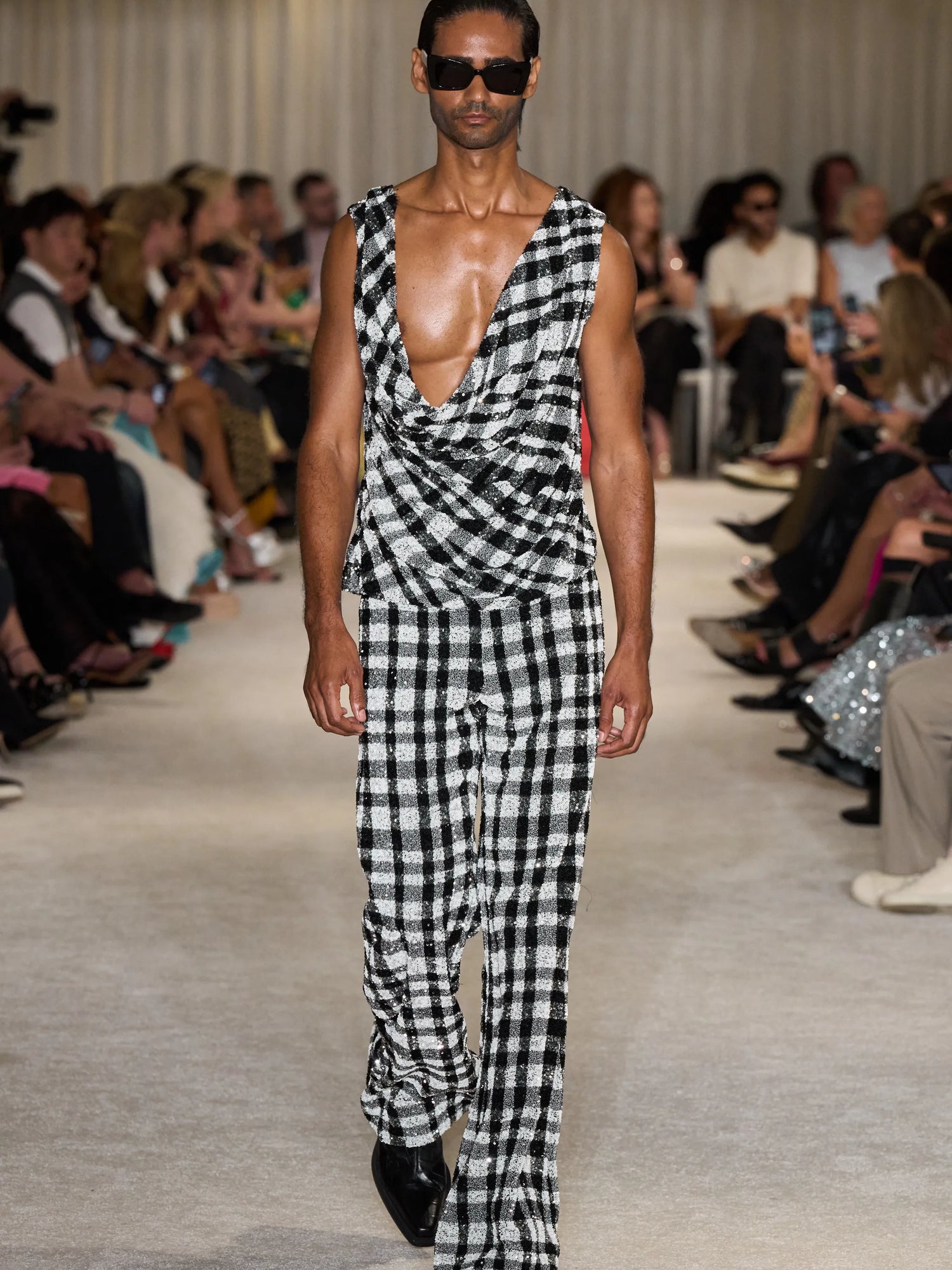 Black and White Sequin Plaid Draped Tank