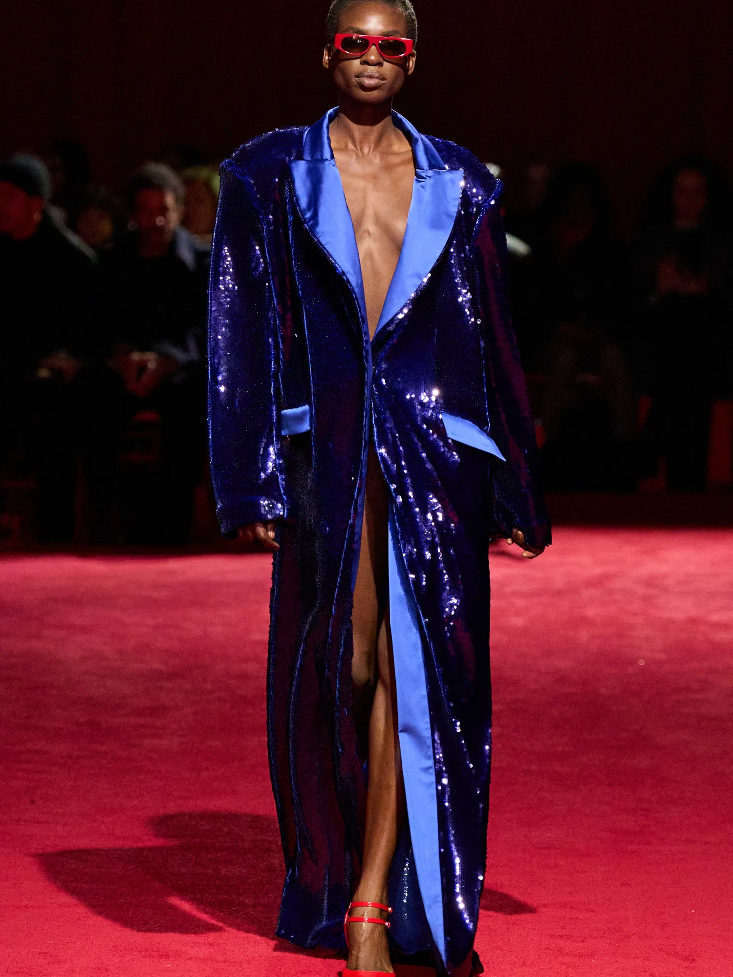 Blue Sequin Long Line Blazer Gown with Satin Lapels