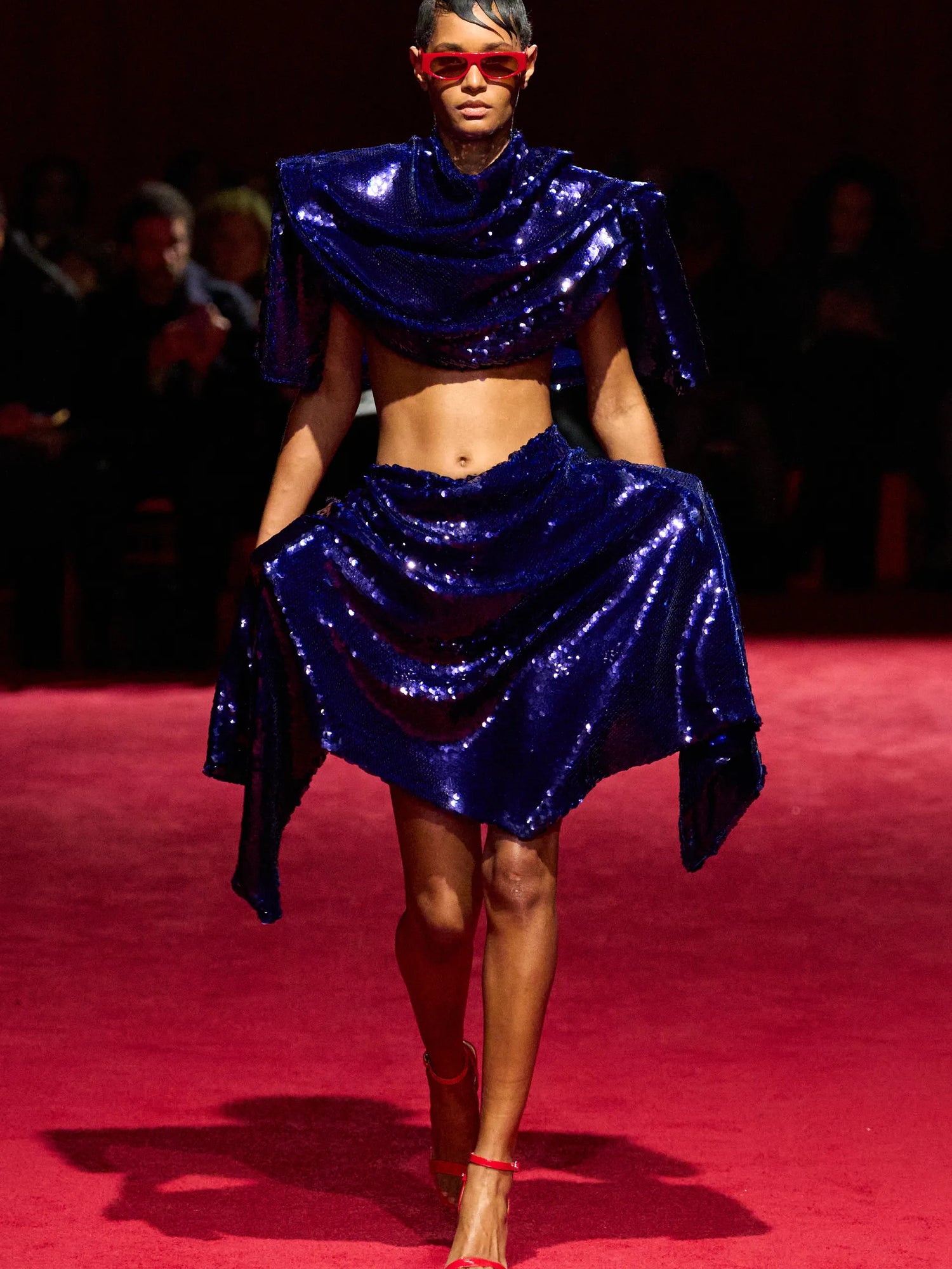 Blue Sequin Structured Draped Crop Top