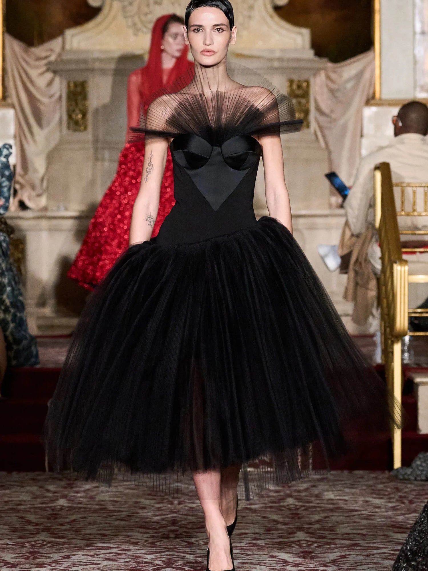 Asymmetric Drop Waist Pleated Tulle Dress