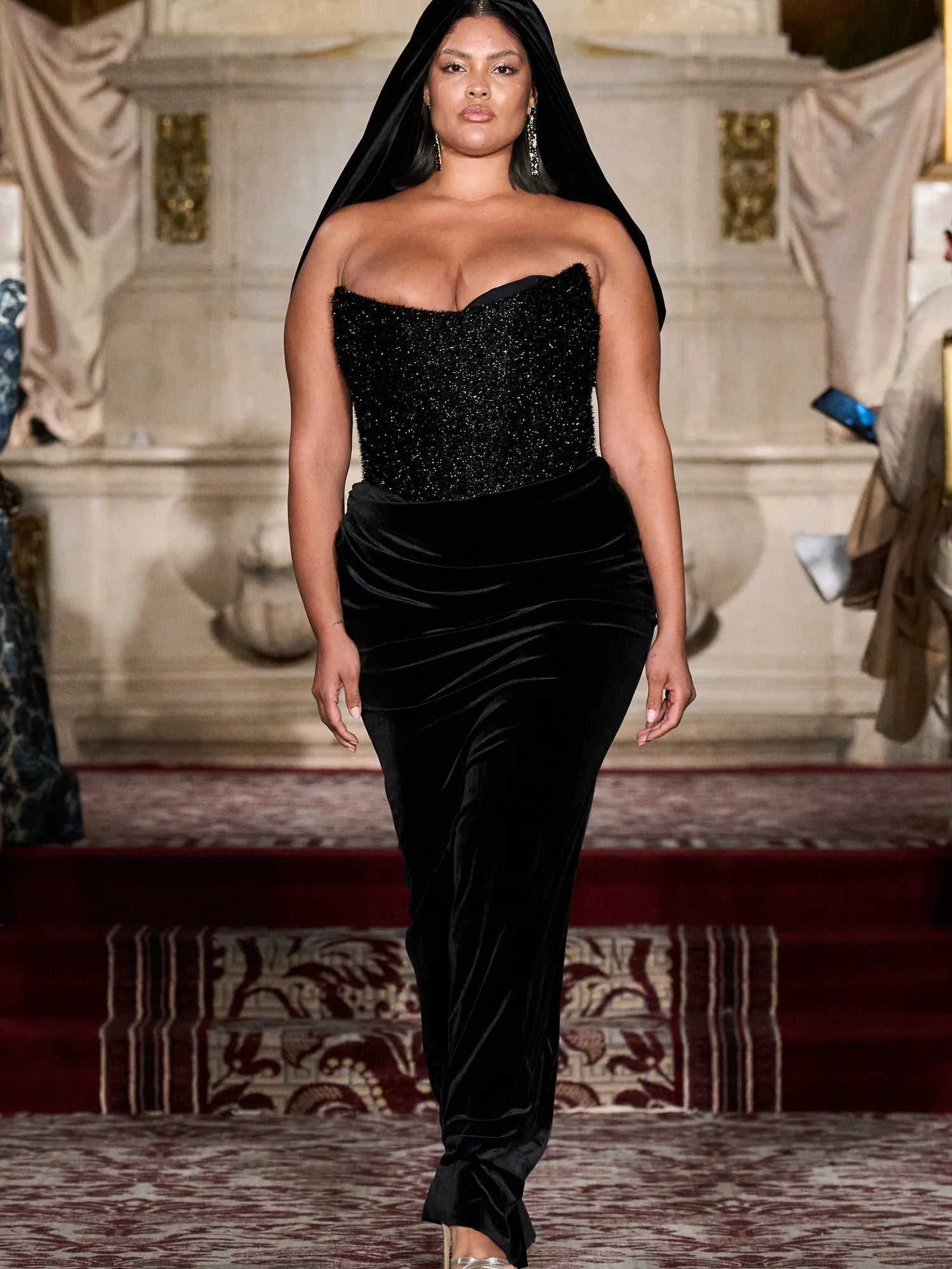 Black Tinsel and Velvet Corset Draped Gown