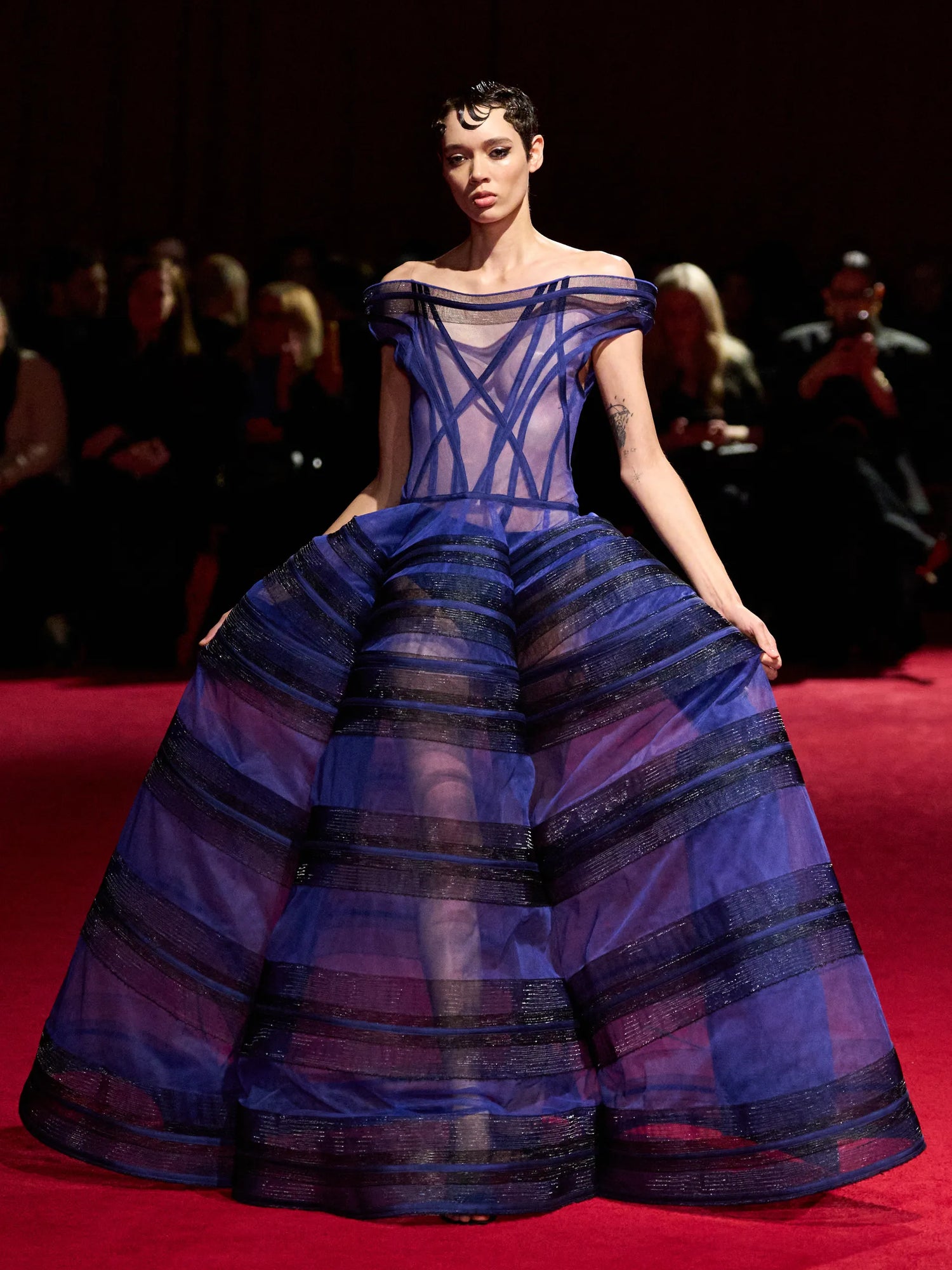 Cobalt Blue & Black Corset Off the Shoulder Horsehair Gown