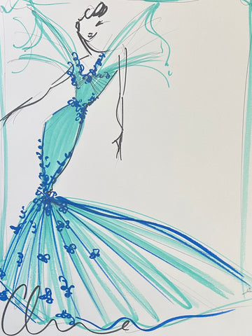 "Turquoise Flutter Sleeve Gown" - ORIGINAL SKETCH