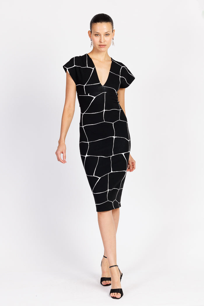 Black and White V-Neck Cap Sleeve Dress