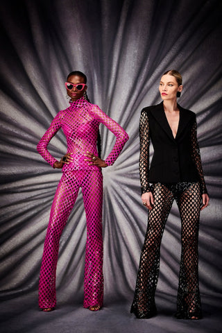 Black Sequin Mesh Flare Trousers