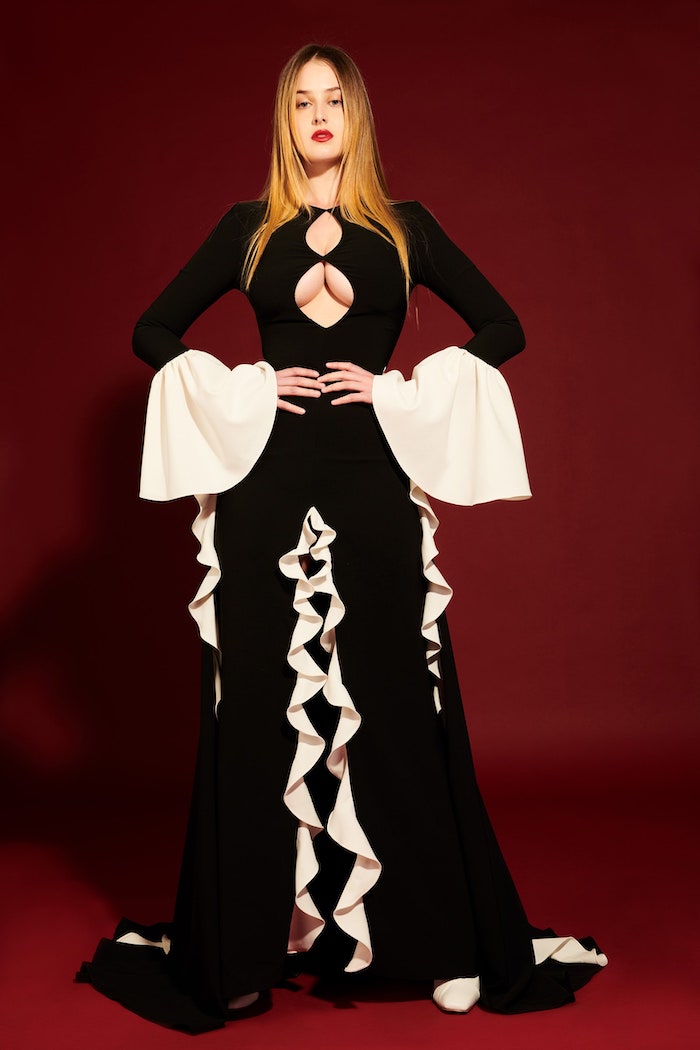 Cut Out Long Bell Sleeve Ruffle Gown