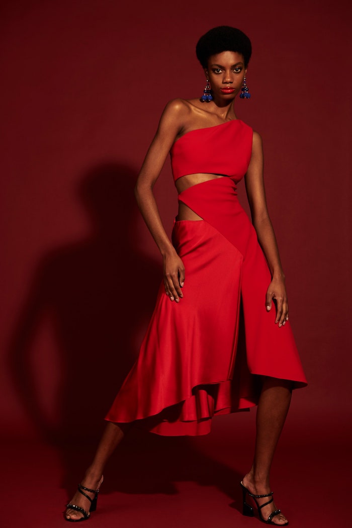 Cut Out Asymmetrical Satin and Crepe Dress