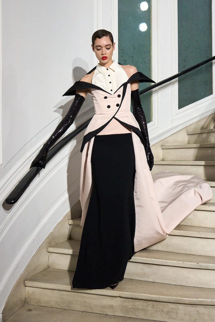 Structured Shoulder Halter Tuxedo Column Gown with Overskirt