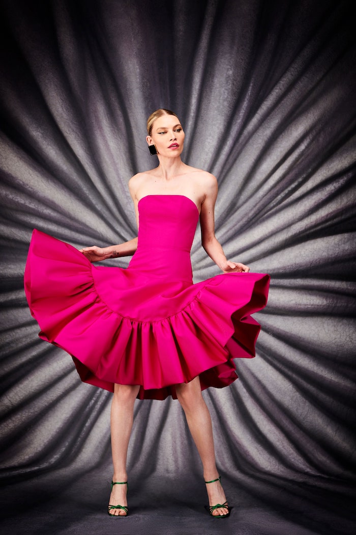 Fuchsia Strapless Drop Waist Ruffle Hem Dress
