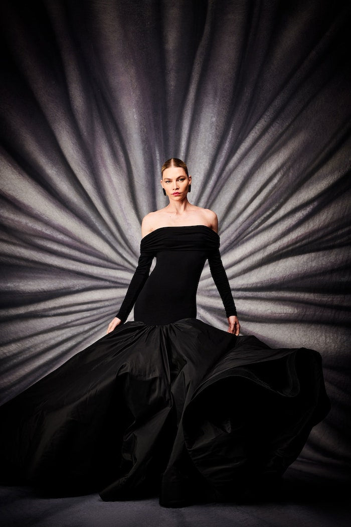 Long Sleeve Draped Off the Shoulder Mermaid Gown