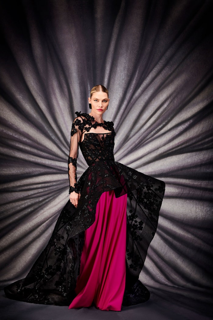 Black Floral Corset Peplum Gown with Train