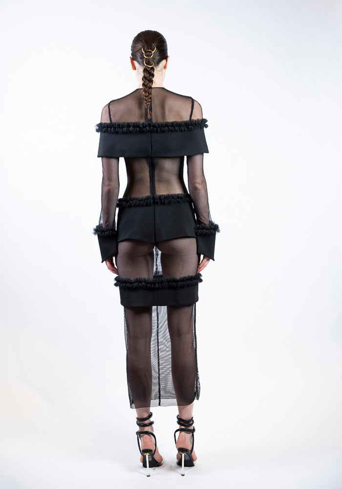 Ruffled Paneled Mesh Gown