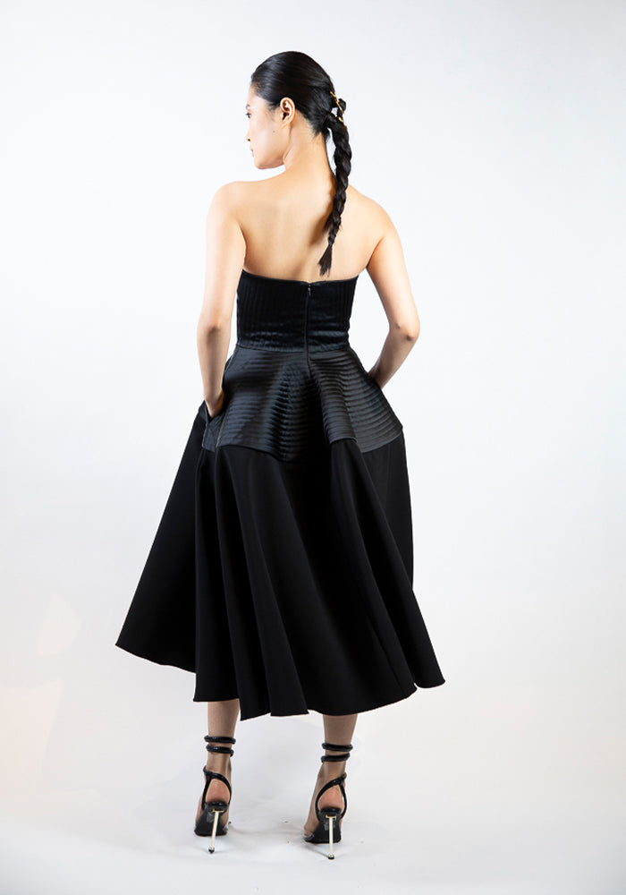 Strapless Top Stitched Detail Tea Length Dress