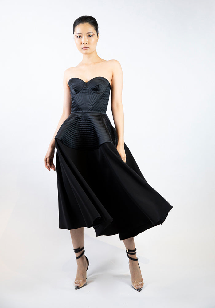 Strapless Top Stitched Detail Tea Length Dress