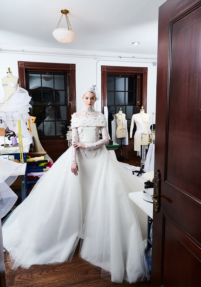 Pearl and Crystal Beaded Off the Shoulder Column Gown with Overskirt