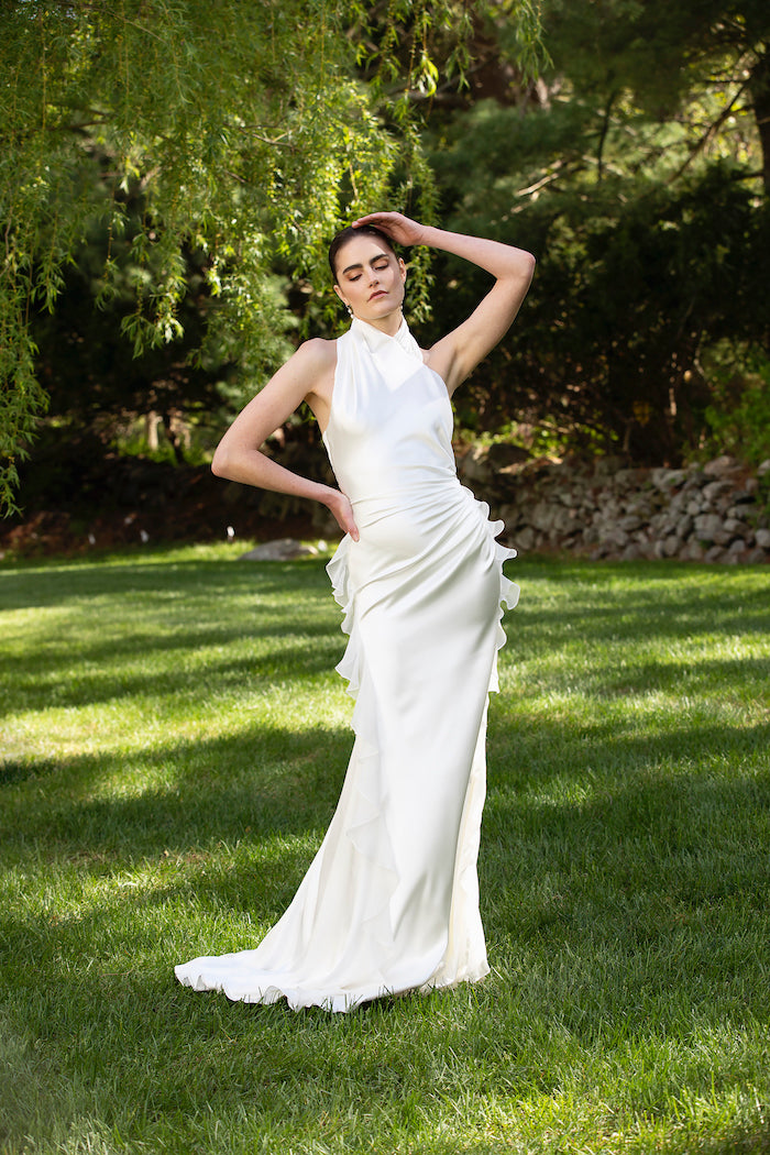 Bias Cut Draped Asymmetrical Satin Gown