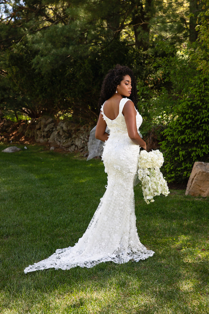 Lace Embroidered Column Gown with Peplum Tulle Overskirt