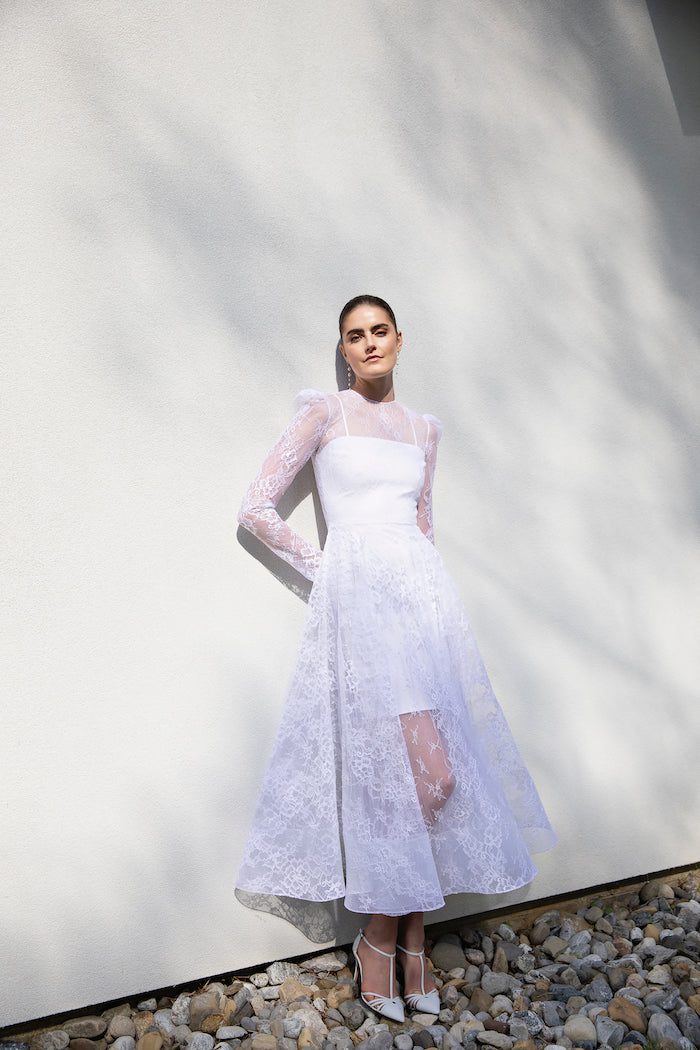 Lace Puff Sleeve Tea Length Dress