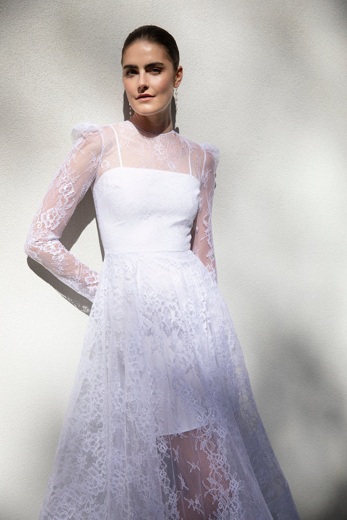 Lace Puff Sleeve Tea Length Dress