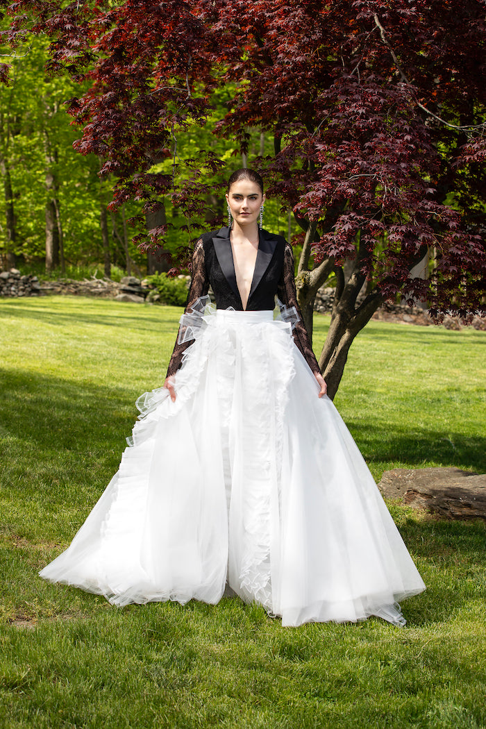 Cropped Lace Tuxedo Bodice with Organza and Tulle Ball Skirt