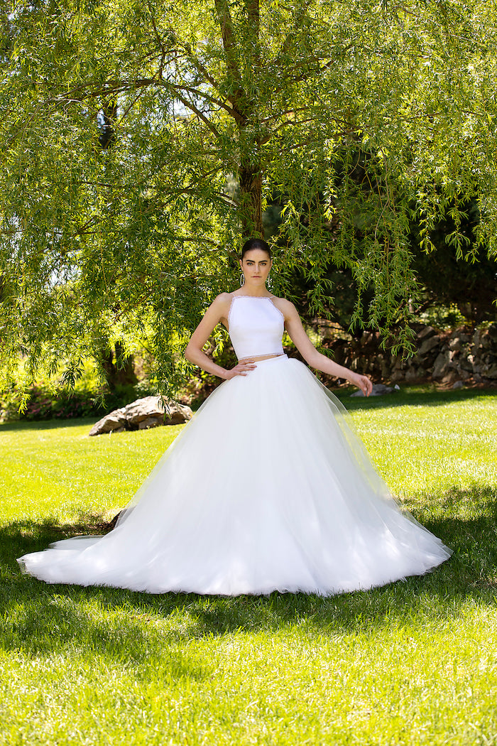 French Lace Halter Top with Cascading Tulle Skirt