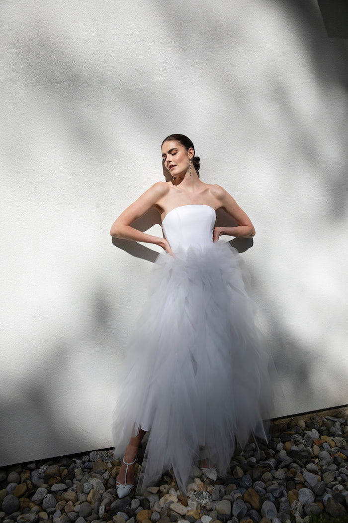 Strapless Ruffle Tulle Tea Length Dress