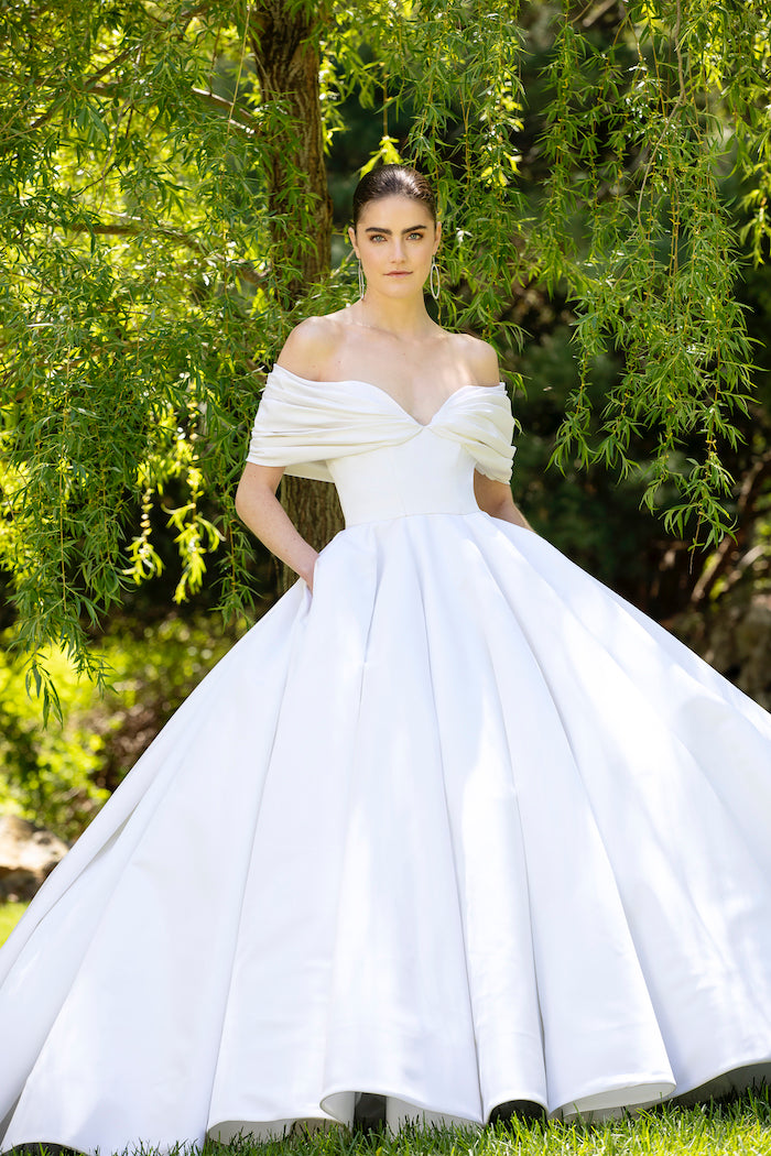 Silk Faille Off the Shoulder Draped Bodice Gown