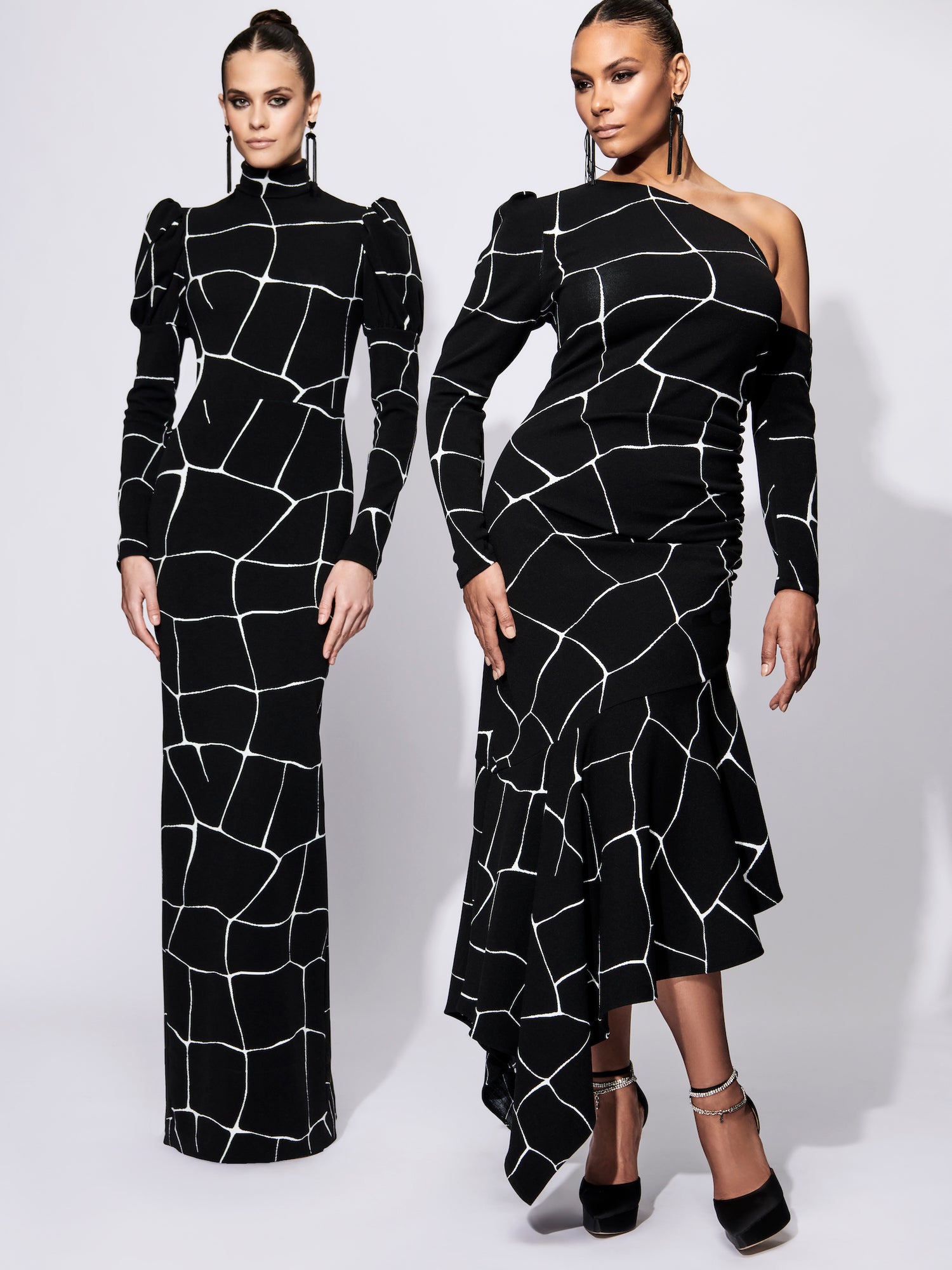 Mock Neck Puff Sleeve Column Gown