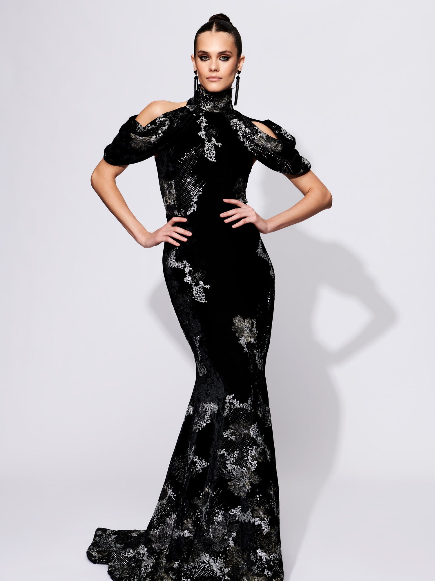 Open Shoulder Embellished Velvet Gown
