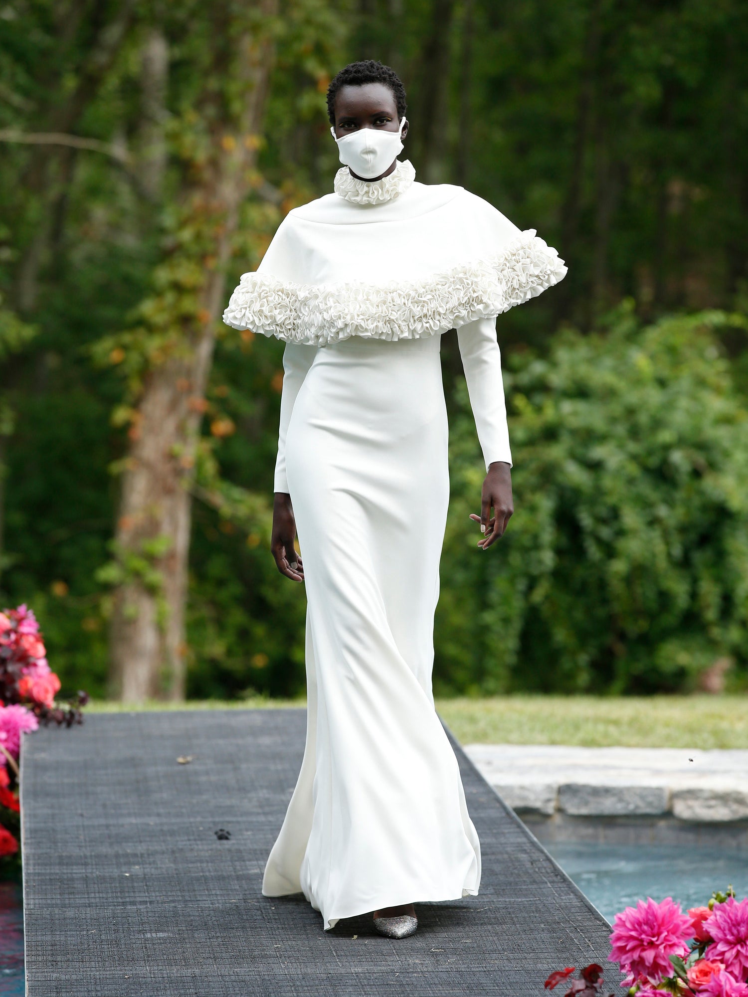 White Ruffle Detail Capelet Gown