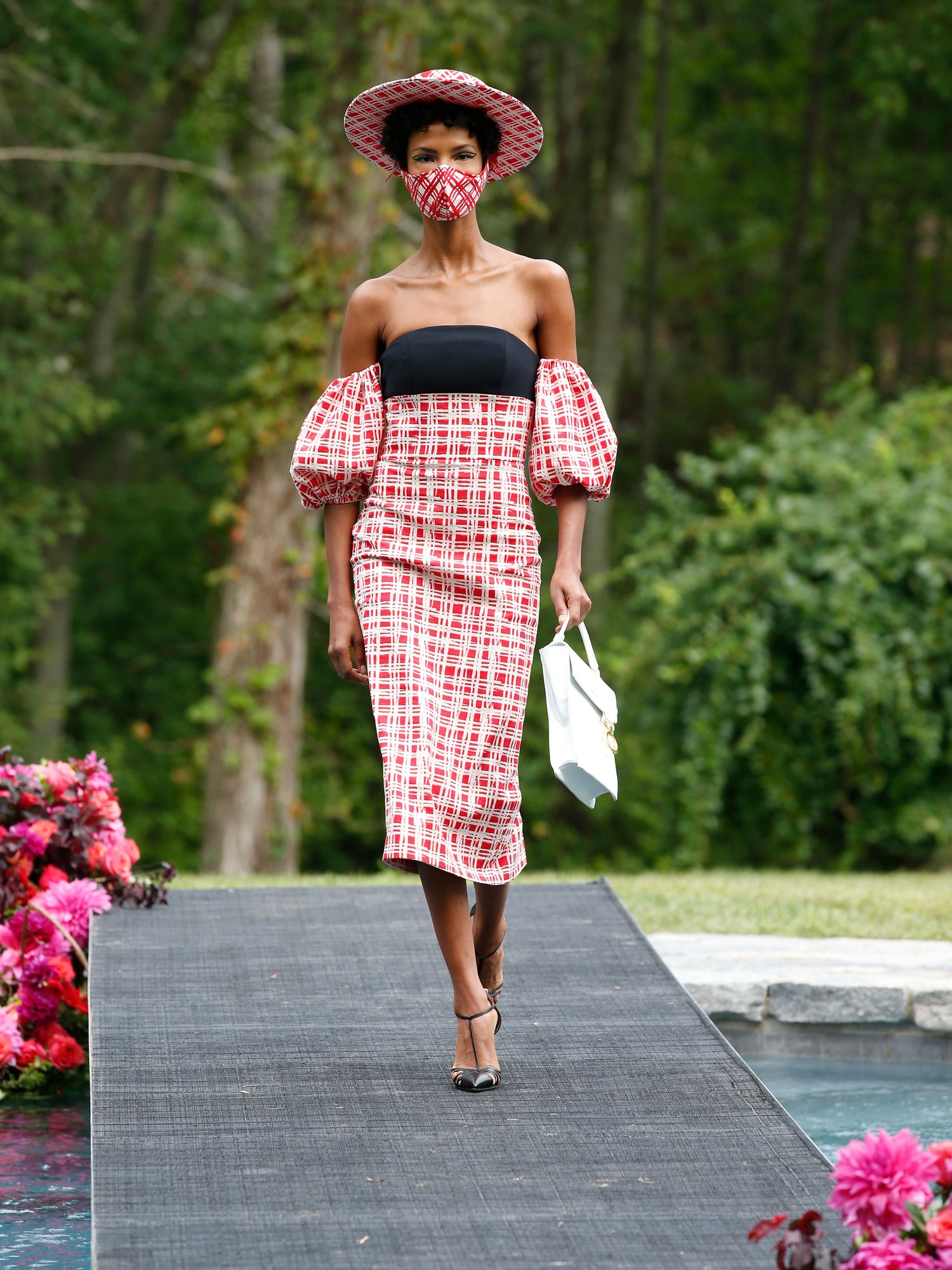 Gingham Off the Shoulder Puff Sleeve Mid Length Dress