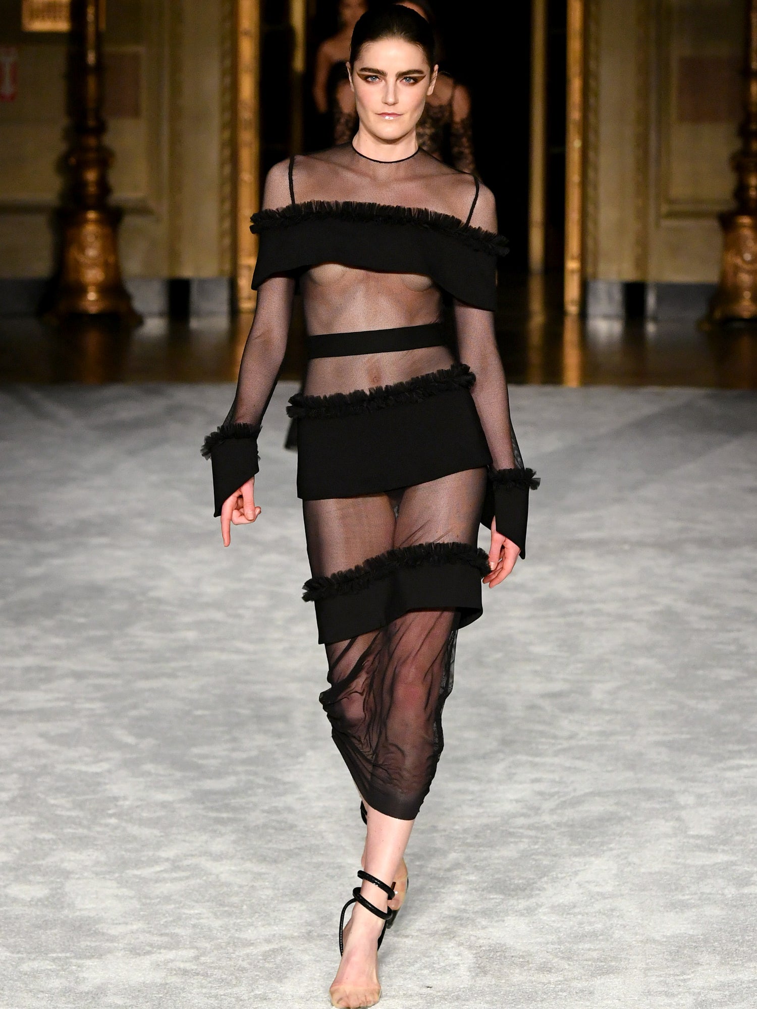 Ruffled Paneled Mesh Gown